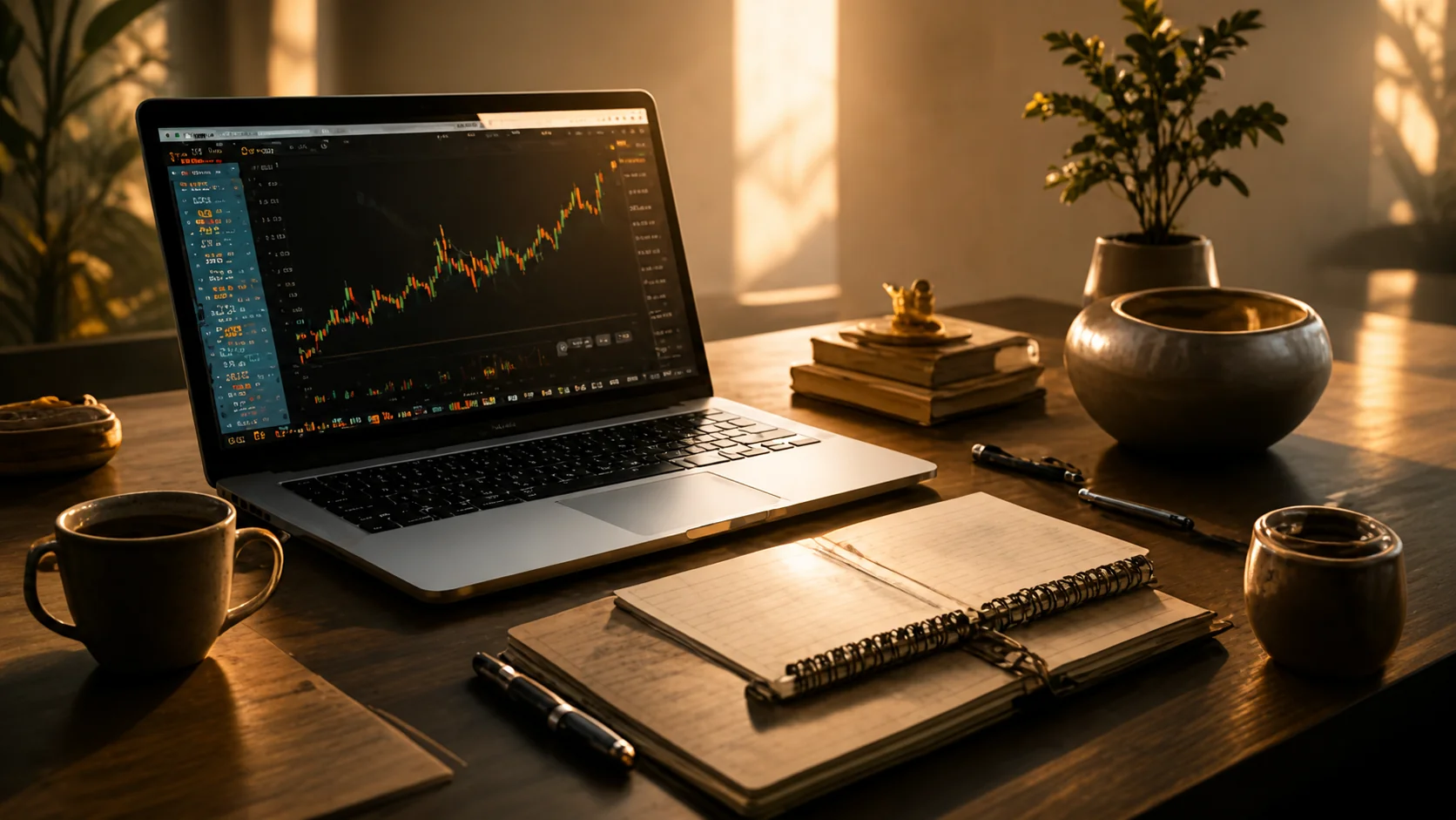 Trading desk in golden light